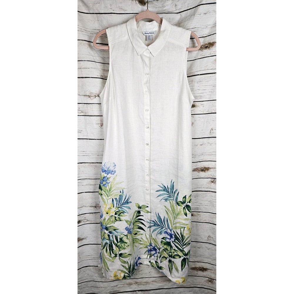 Tommy Bahama 100% Linen Floral Shirt Dress L Sleeveless Long Resort Vacation